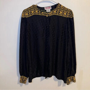Vintage Maggy London black gold embossed print top 100% silk button up size 6